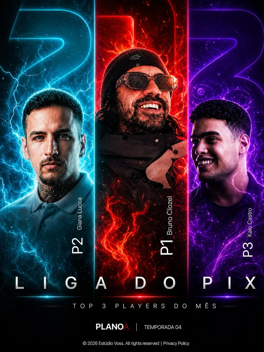 Pôdio da Liga do Pix de junho de 2026 com Bruno Clozel em primeiro, Gian Lucca em segundo e Kaio Castro em terceiro